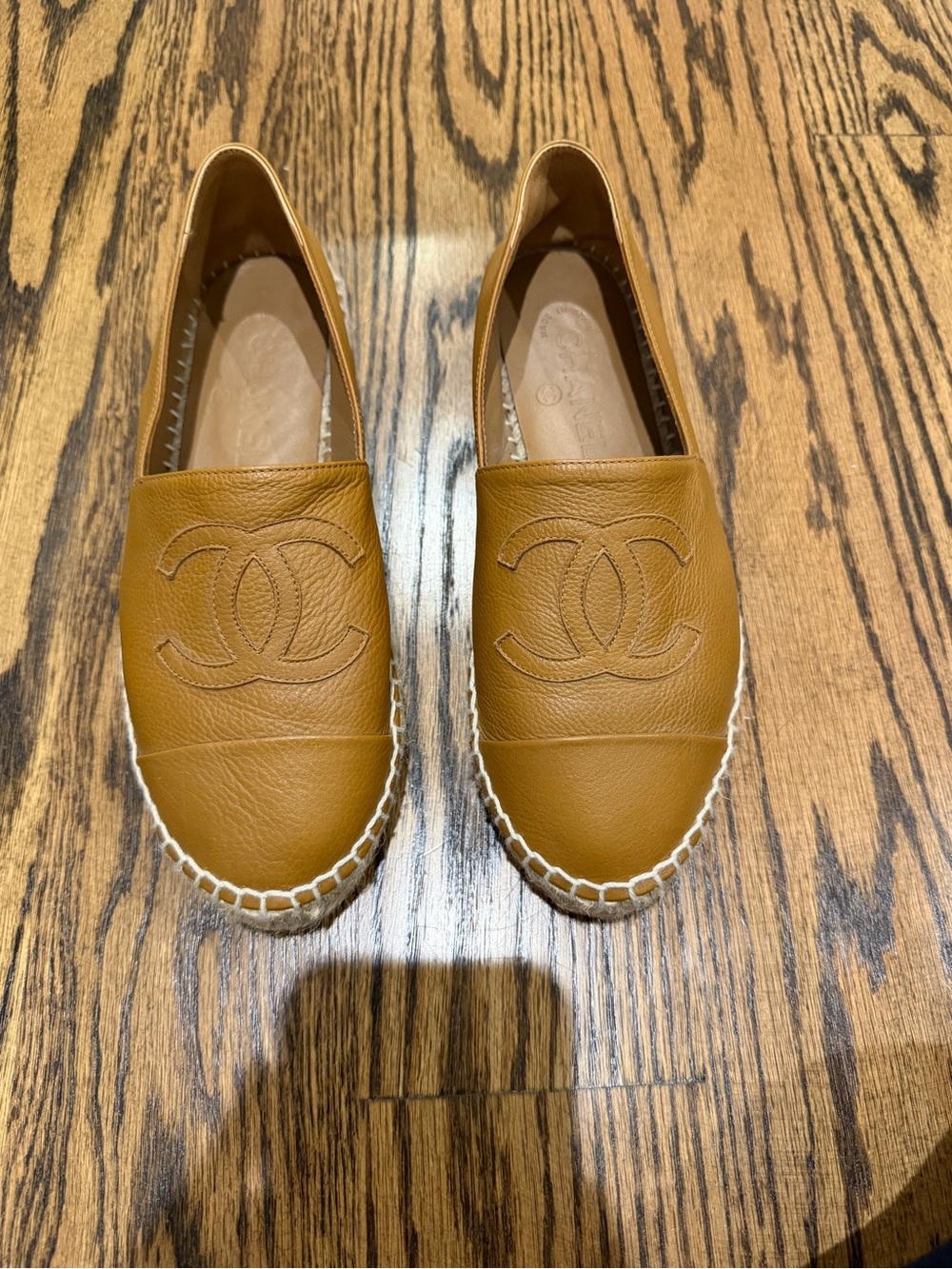 CHANEL Cognac Leather Espadrilles with Embossed CC- worn ONCE!